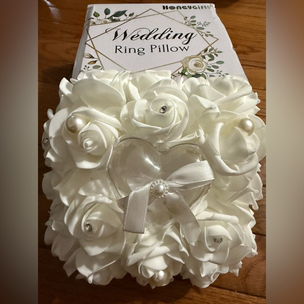 HoneyGlitz Wedding Ring Pillow with White Roses